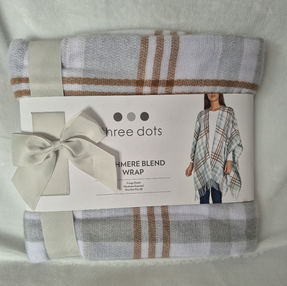 Three Dots Cashmere Blend Wrap - Gray and Tan Plaid - Soft Shawl- Cozy Coverup